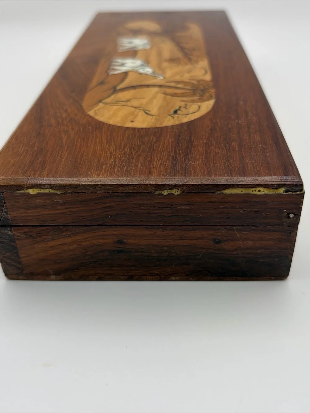 Vintage Hand Carved Wooden Trinket Jewelry Box Elephant Inlay 10” Long